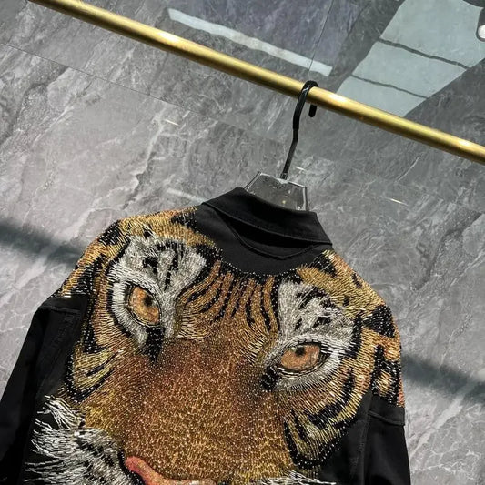 Fashion Tiger Beaded Denim Jacket Men's 2023 Autumn New European Goods Jean Coats