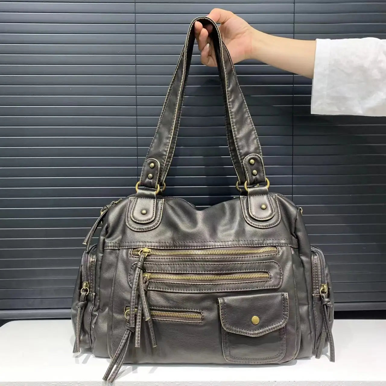 Y2K Single Shoulder Crossbody Bag Vintage Washed Leather Motorcycle Bag