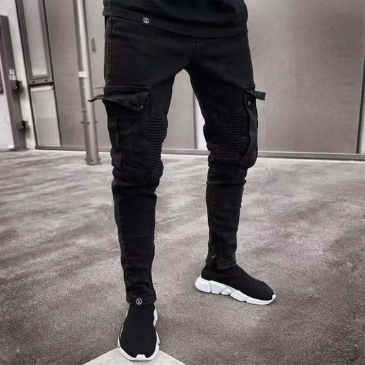 Fashion Streetwear Ripped Skinny Jeans Men Side Mulit Pockets Denim Cargo Pants