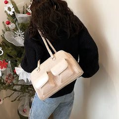Womens Shoulder Bag Soft Suede with PU Leather Bowling Handbag Casual