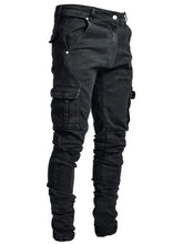 Jeans Men Black Cargo Pants Multi Pockets Denim Pantalones Blue Slim Fit