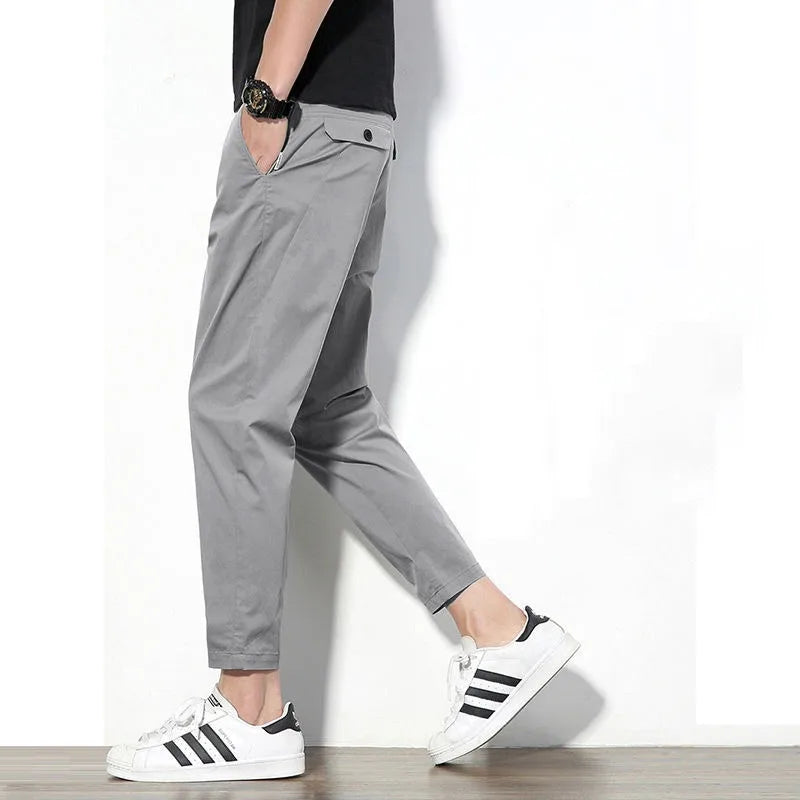 Ice Silk Thin Style Summer Casual Pants Men's Solid Pocket Elastic Waist Versatile Slim Ankle Length
