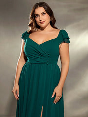 Mgiacy plus size V-neck irregular folding double layer lotus sleeve chiffon slit skirt