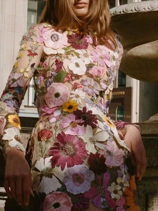 Floral Elegant Luxury Mini Dress Women Embroidery Half High Collar Long