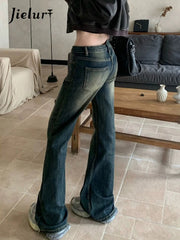 Vintage Blue Washed Slim Y2k Female Jeans High Waist Full Length Casual Chic Pockets