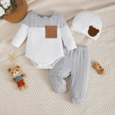 3PCS Newborn Baby Boy Clothes Set Long Sleeved Color Blocked Bodysuit+Gray Pants+Hat Autumn Clothing for Toddlers 1-18 Months