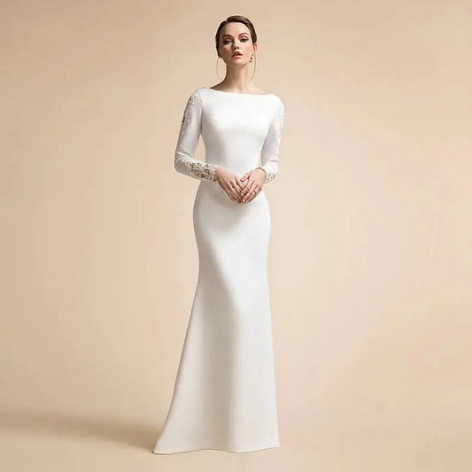White Bridesmaid Dresses: Mermaid Button Wedding Dresses Long Sleeves Ivory