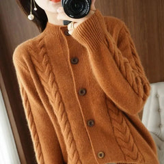 Half High Collar Twists Knitted Cardigan Autumn And Winter High-End Casual Loose
