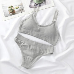 Women Seamless Bra Set Lingerie High Waist Cotton Thong Panties Wire Free