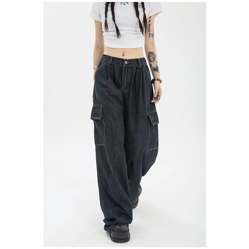 Women's Blue Vintage Wide Leg Jeans Fashion Baggy High Waist Straight Pants