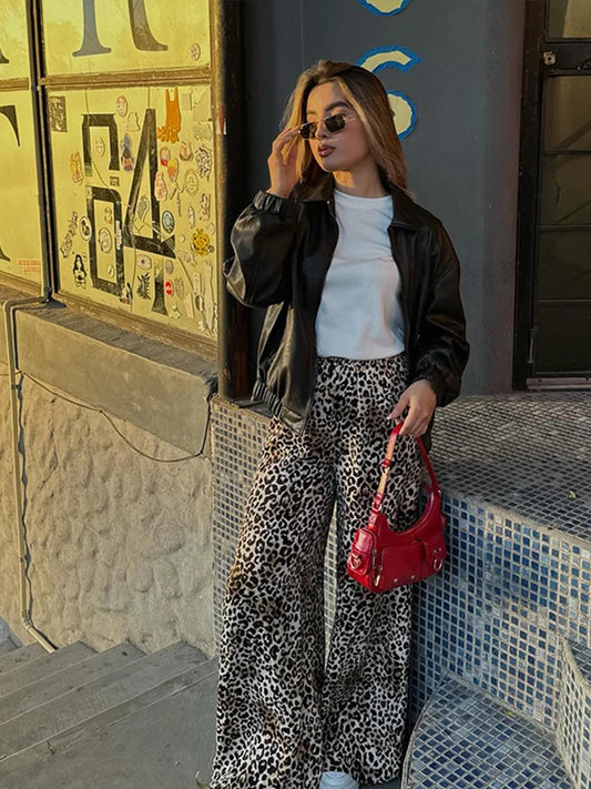 Vintage Leopard Print Pants Women Casual Loose Lace Up Wide Leg Trousers