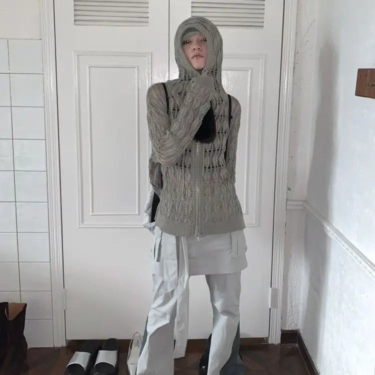 Deeptown Harajuku Zip Up Hooded Cardigan Women Japanese Y2k Style Hollow Crop