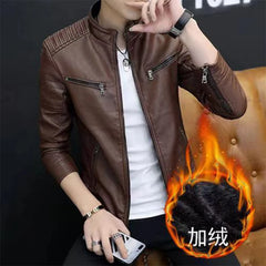 Autumn Winter Stand Collar Loose Casual PU Leather Jacket Male Add Velvet Warm