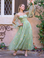 Formal attire Dresses: Prom Dress Women A Line Tea-Length Green Sleeves Gown