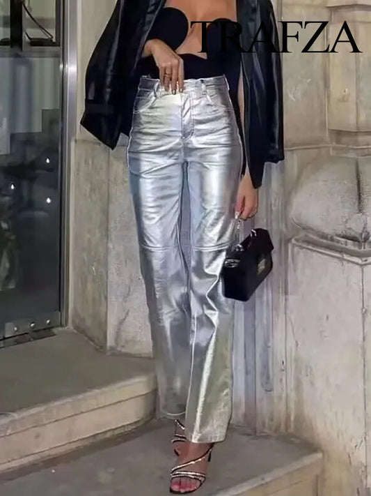Women Fashion Silver High Waist Cargo Pants Vintage Slim Pocket Shiny Trousers Y2K