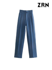 Women Chic Fashion Office Wear Straight Pants Vintage High Waist Zipper Fly Trousers