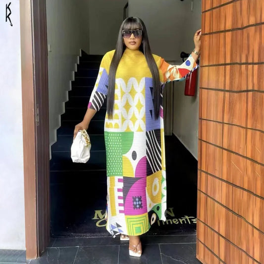 Pleated Print Dress Color Contrast Long Sleeve Relaxed Women's Long Casual