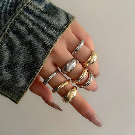 8 Pcs Chunky Open Smooth Surface Rings Set for Women Trendy Gold Color and Silver