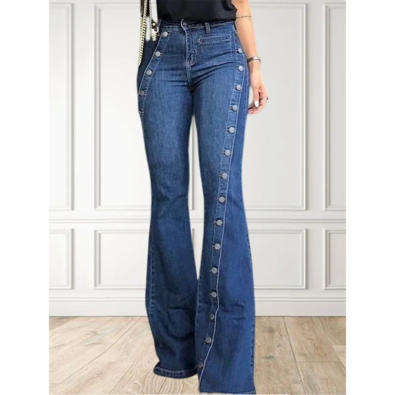 Women's Plus Size Plain Button Decor Flare Leg Long Denim Pants Flare Jeans