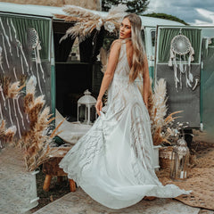 White Bridesmaid Dresses: Boho A Line Wedding Dress Hippie Lace Custom Made V Neck