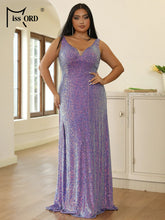 Purple Sequin Plus Size Wedding Dress Elegant Women V Neck