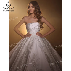 White Bridesmaid Dresses: Wedding Dress Luxury Beaded Satin A-Line Bride Gown