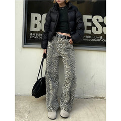 American Retro High Street Casual Overalls Leopard Print Loose Wide Leg Pants