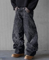 Baggy Jeans for Men Y2k Hip Hop Distressed Retro Black Pants Oversized Embroidery