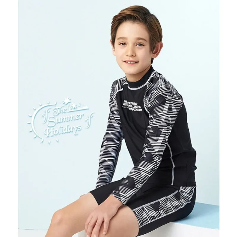 Three-piece Split Swimwear for Boys Teenage Swimsuit Kids Swim Trunks and Caps Long Sleeve Sun Protection Children Swimwear