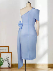 Evening wear Dresses: One Shoulder Elegant Sky Blue Midi Sheath Dresses