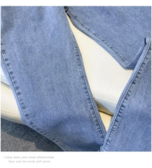 Plus Size Flared Y2K Jeans For Women Large Slim Elastic Cotton Blue Tassel Denim