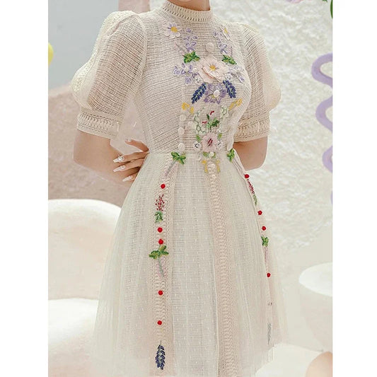 Summer Vintage Embroidery Flower Dress for Women Elegant Short Sleeve Vintage