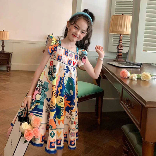 Girls' Set 2024 Summer Casual Dress Flying Sleeve Graffiti Painting Dress