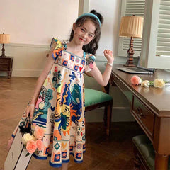 Girls' Set 2024 Summer Casual Dress Flying Sleeve Graffiti Painting Dress