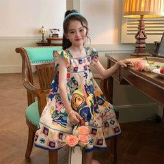 Girls' Set 2024 Summer Casual Dress Flying Sleeve Graffiti Painting Dress