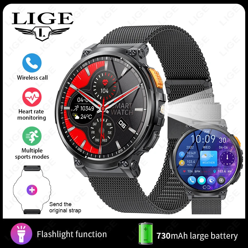 LIGE 1.85” HD Screen LED Flashlight Smart Watch Men 730mAh Large Battery BT Call Man Bracelet Waterproof Fitness Men Smartwatch