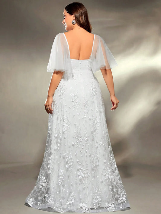 Mgiacy plus size V-neck gauze large trumpet sleeve patchwork embroidered lace