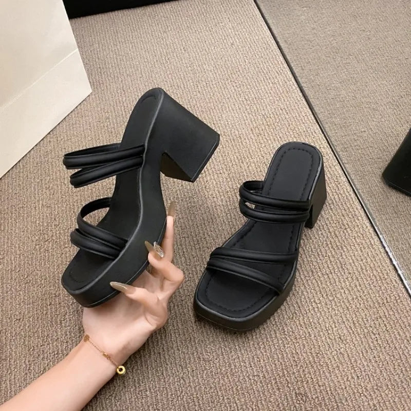 Women Sandals Ladies Square Heels Elegant Summer Slippers Outside Cross Tied
