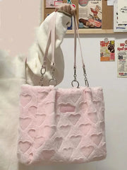 Cute Furry Women's Casual Tote Bags Love Heart Ladies Sweet Shoulder Underarm Bags