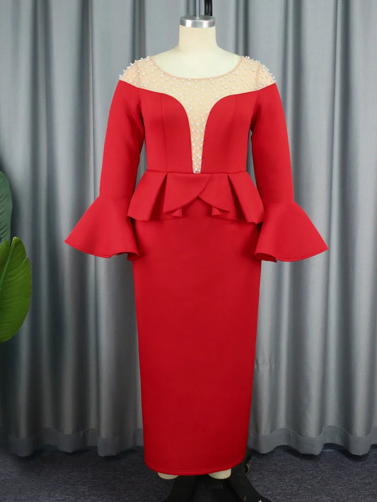 Plus Size Women Vintage Red Evening Party Dress Mesh Patchwork