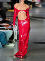 Evening Dresses: Long Sleeve Shiny Sequins Maxi Slim Dress Women Red Cut Out