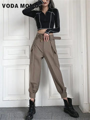 Women's Korean Style Cargo Pants Jogger Elastic Waist High Harajuku Straight Pants