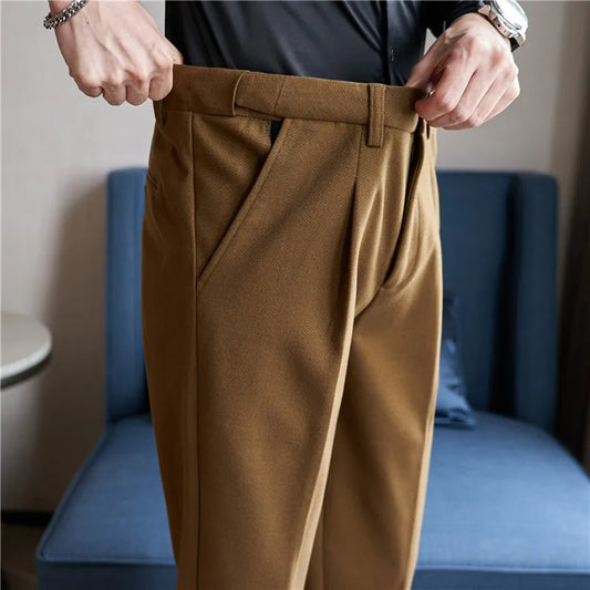 Winter Casual Elastic Slim Fit Dress Trousers Brown Pantalon Homme Men Clothing
