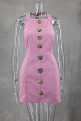 Mini Dress Women Elegant Sleeveless Gold Button Pink Dresses