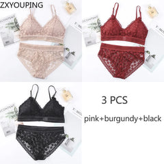 3 Piece Set Bra Lace Beauty Back Suit Underwear Gather Seamless