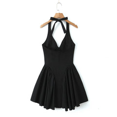 Solid Black Red Bow Halter V Collar Sling Mini Dress Women Low Waist