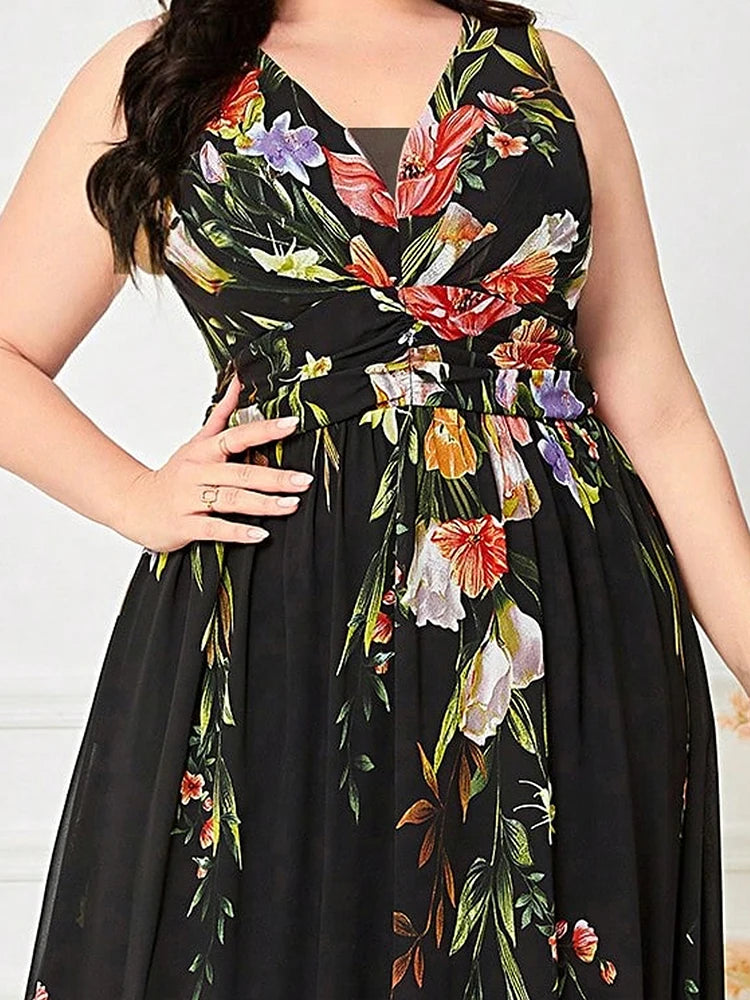 Women Plus Size Maxi Dresses Summer Sleeveless Print Casual Dress