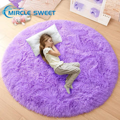 Purple Round Fluffy Carpet for Kids, Soft Area Rug for Girls Room, Princess Castle Plush