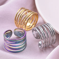 1Pc Stainless Steel Women Personality Textured Chunky Open Rings Punk Hammered