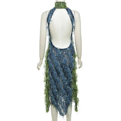 Backless Tassel Mesh Maxi Party Dress Women See Through Turtleneck Sleeveless